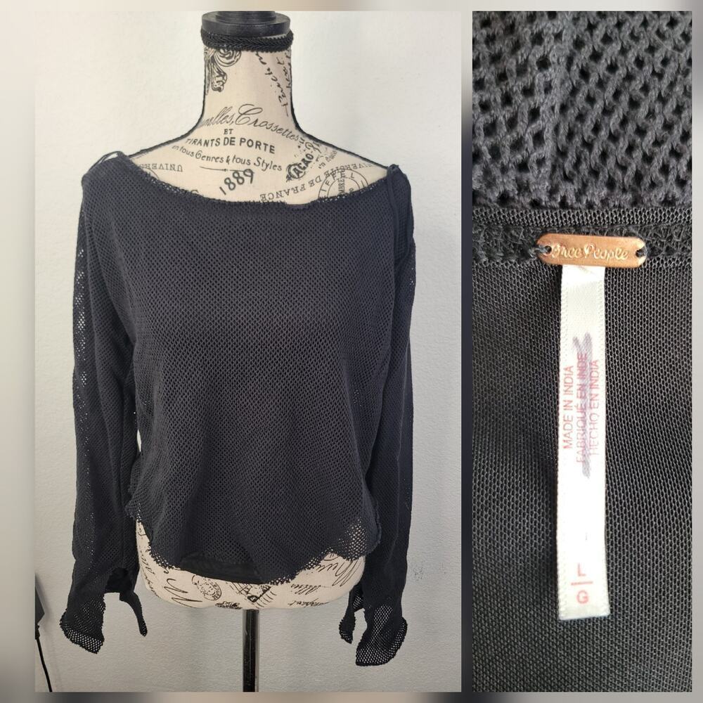 Free People Top SZ Large Beau Mesh Layering Long Sleeve Black Boho Grunge Witchy